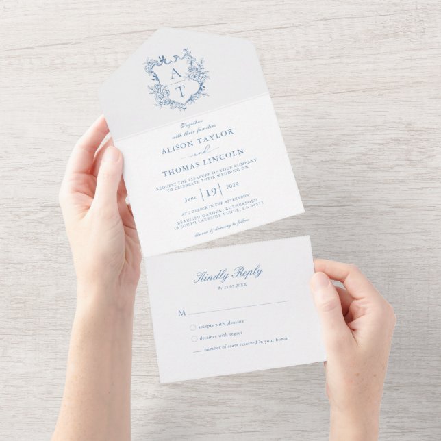 Formal Crest Vibrant Blue Monogram Wedding All In One Invitation (Tearaway)