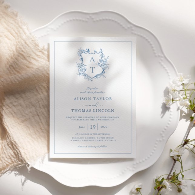 Formal Crest Vibrant Blue Monogram Wedding Invitation (Creator Uploaded)
