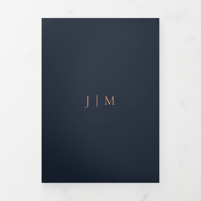 Formal Dark Blue Apricot Modern Wedding Tri-Fold Card (Cover)