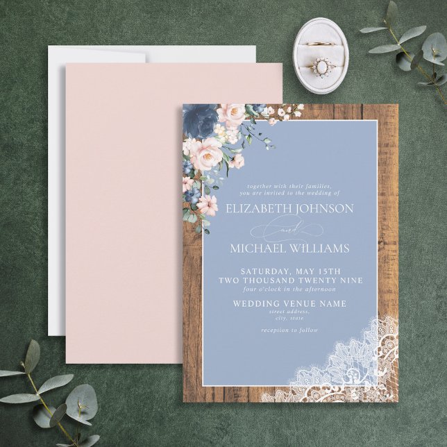 Formal Dusty Blue Blush Rustic Wood Lace Wedding Invitation (Creator Uploaded)