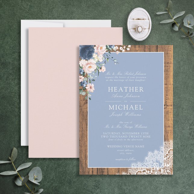 Formal Dusty Blue Blush Rustic Wood Lace Wedding Invitation (Creator Uploaded)