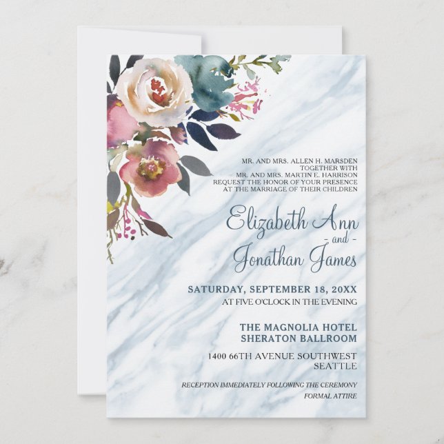 Formal Dusty Blue Champagne Wine Floral Marble Invitation (Front)