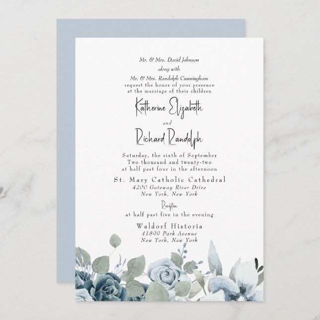 Formal Dusty Blue Floral Elegant Wedding Invitation (Front/Back)