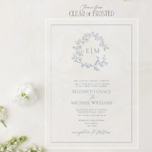 Formal Dusty Blue Leafy Crest Monogram Wedding Acrylic Invitations
