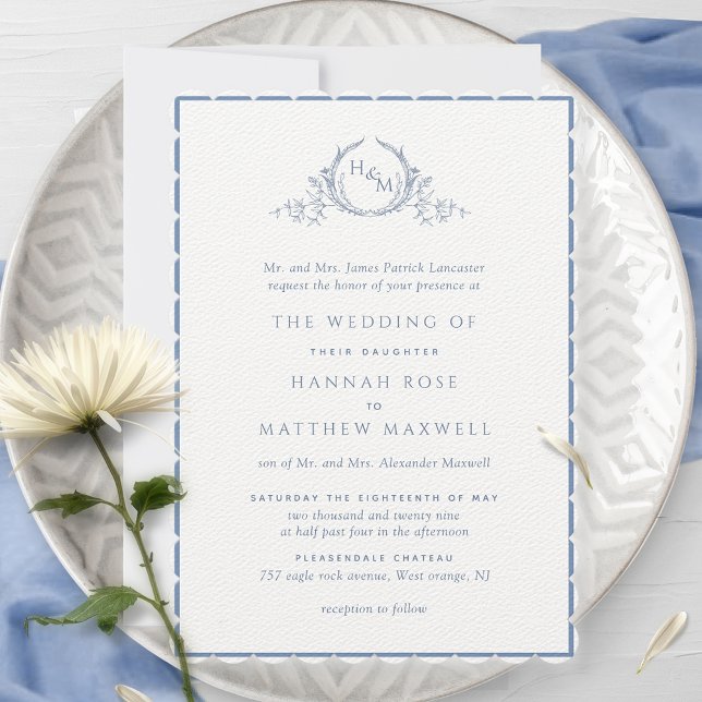 Formal Dusty Blue Monogram Watercolor Wedding Invi Invitation (Creator Uploaded)