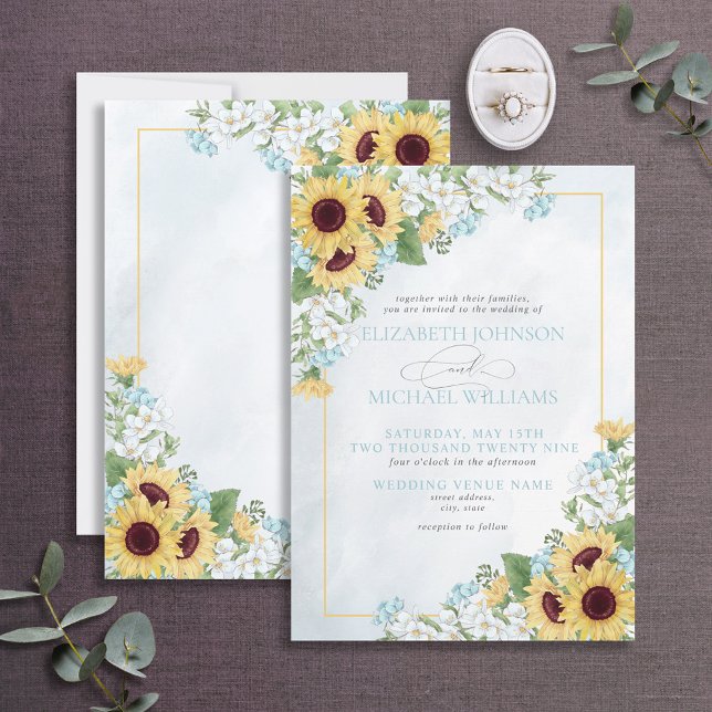 Formal Dusty Blue Sunflower Floral Script Wedding Invitation (Creator Uploaded)