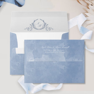 Formal Dusty Blue Watercolor Monogram Wedding Envelope