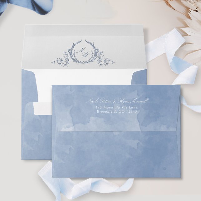 Formal Dusty Blue Watercolor Monogram Wedding Envelope (Creator Uploaded)