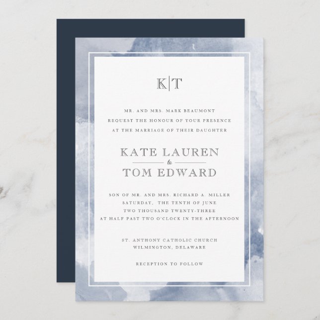 Formal Dusty Blue Watercolor Monogram Wedding Invitation (Front/Back)