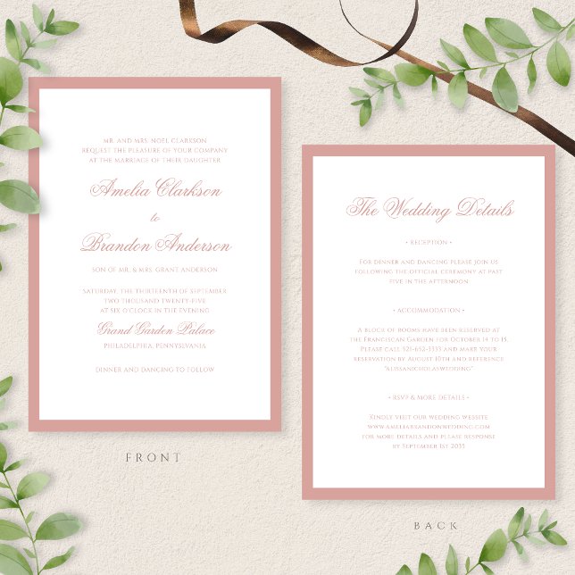 Formal Dusty Rose Border Script Wedding Details &  Invitation (Creator Uploaded)