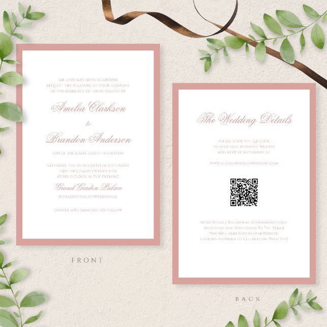 Formal Dusty Rose Border Script Wedding QR Code Invitation (Creator Uploaded)