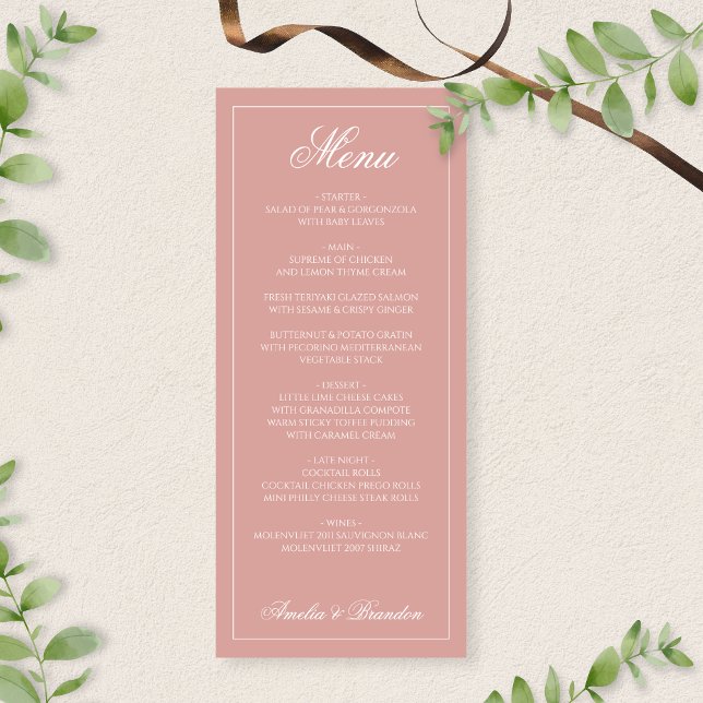 Formal Dusty Rose & White Border Script Wedding Menu (Creator Uploaded)