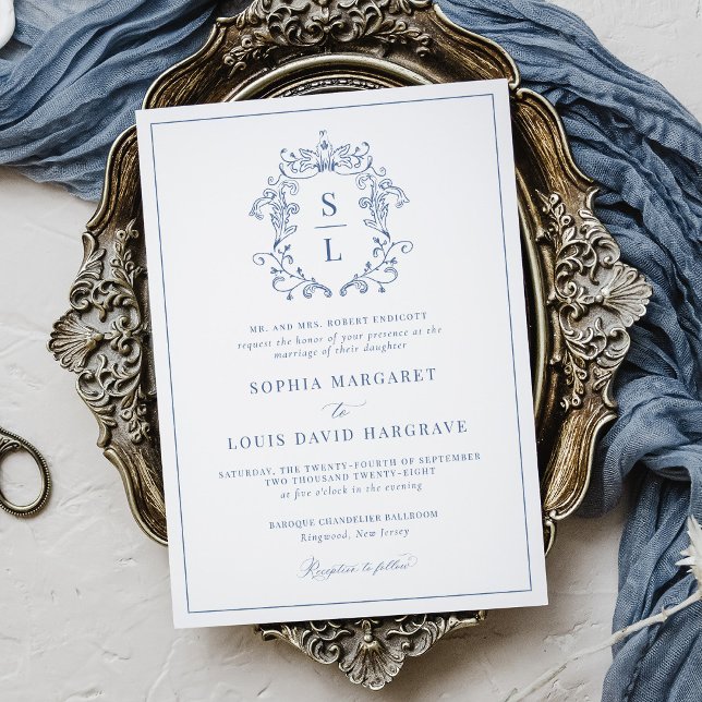 Formal Elegant Baroque Crest Monogram Blue Wedding Invitation (Creator Uploaded)