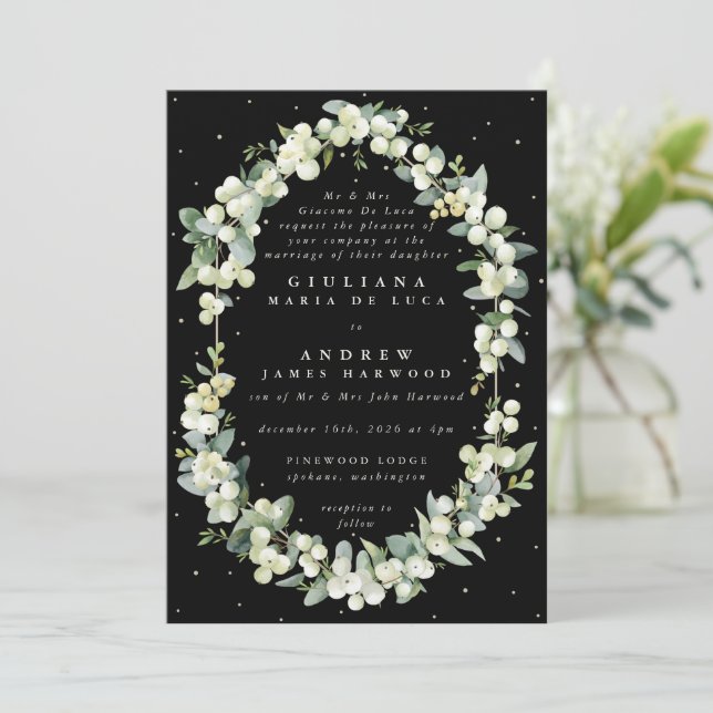 Formal Elegant Black Snowberry+Eucalyptus Wedding Invitation (Standing Front)