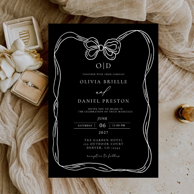 Formal Elegant Black & White Bow Monogram Invitation (Creator Uploaded)