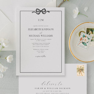 Formal Elegant Black & White Bow Monogram Invitation