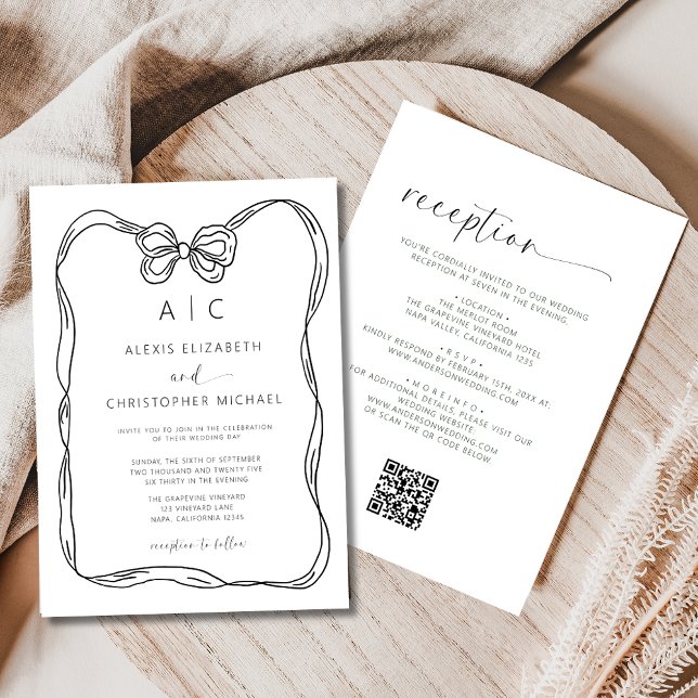 Formal Elegant Black & White Bow Monogram QR Code Invitation (Creator Uploaded)