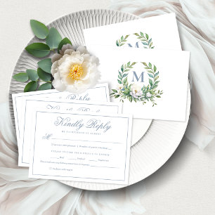 Formal Elegant Blue Floral Crest Monogram Wedding  RSVP Card