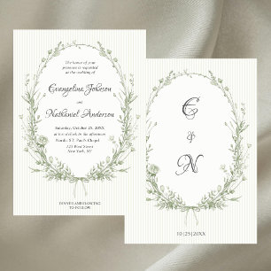 Formal Elegant Botanical Frame Stripes Wedding Invitation
