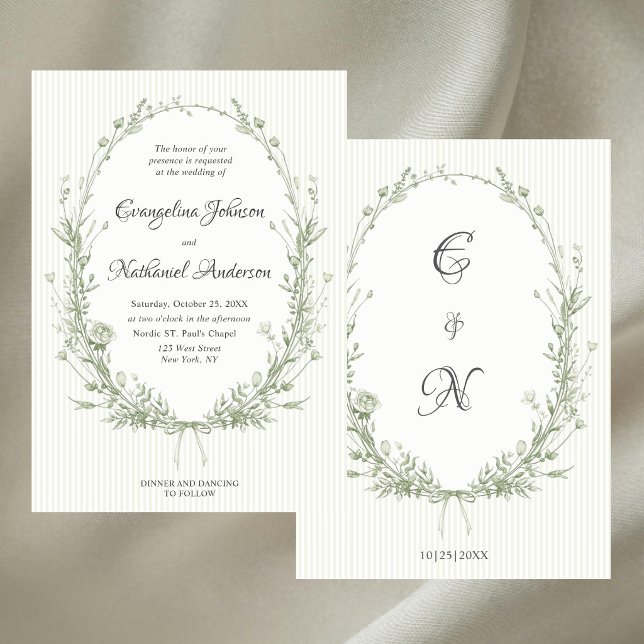 Formal Elegant Botanical Frame Stripes Wedding Invitation (Creator Uploaded)