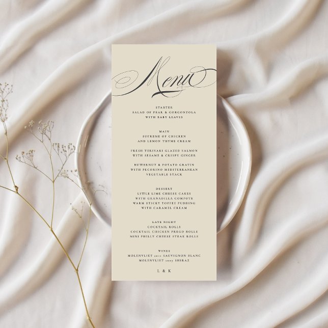 Formal Elegant Calligraphy Charcoal Beige Wedding Menu (Creator Uploaded)