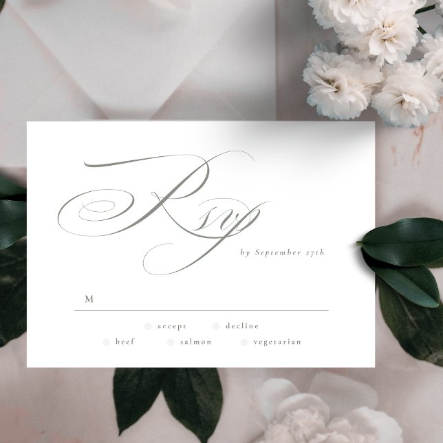Formal Elegant Calligraphy Grey Green Wedding RSVP Card (Creator Uploaded)