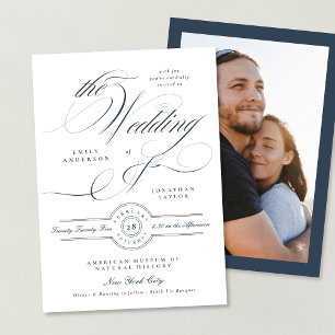 Formal Elegant Calligraphy Navy Blue Photo Wedding Invitation