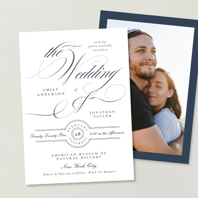 Formal Elegant Calligraphy Navy Blue Photo Wedding Invitation (Creator Uploaded)