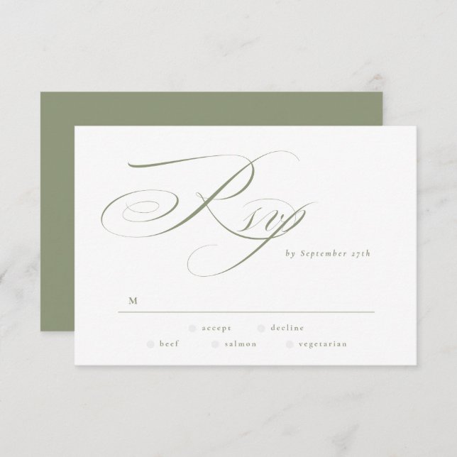Formal Elegant Calligraphy Sage Green Wedding RSVP Card (Front/Back)