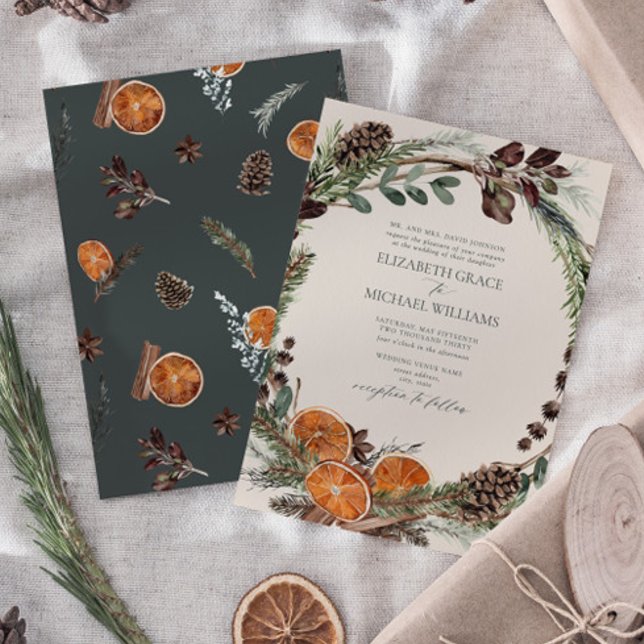 Formal Elegant Dark Boho Citrus Greenery Wedding Invitation (Easily personalize this formal bohemian citrus invitation for the perfect fall or winter wedding)