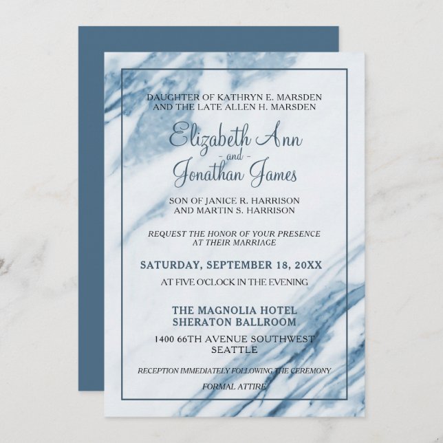 Formal Elegant Dusty Blue Marble Wedding Invitation (Front/Back)