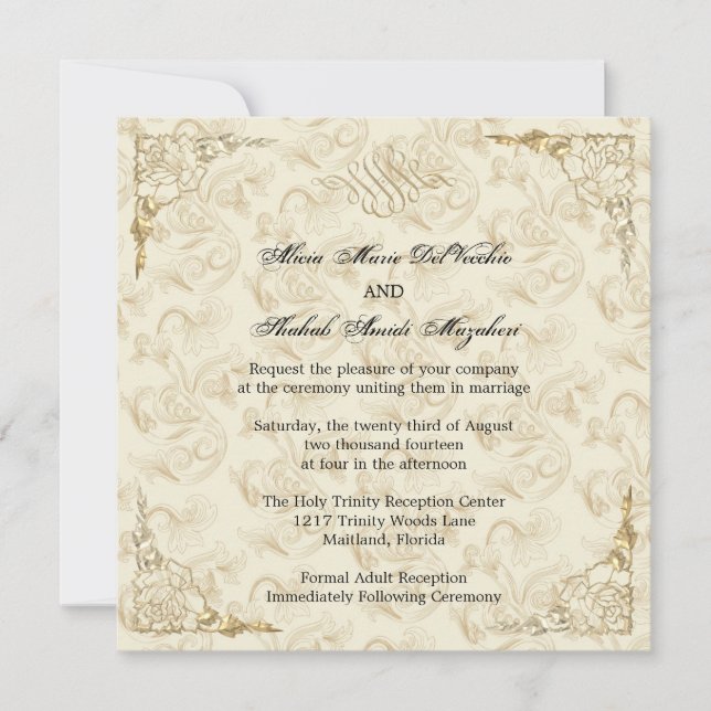 Formal Elegant Gold Accent Floral Wedding Invite (Front)