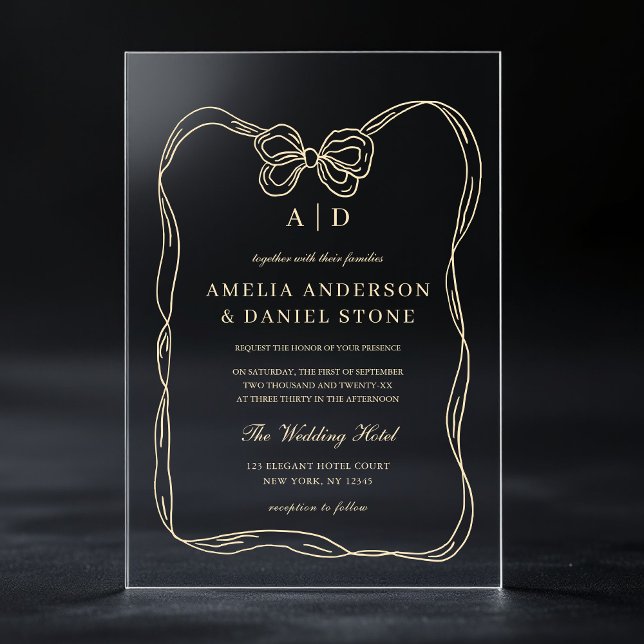 Formal Elegant Gold Bow Monogram Acrylic Invitations (Creator Uploaded)