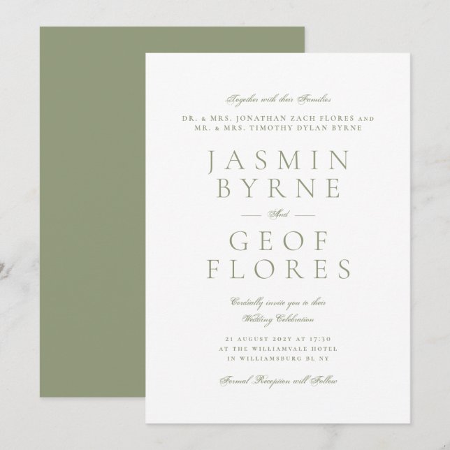 Formal Elegant Moss Green & White Wedding Invitation (Front/Back)