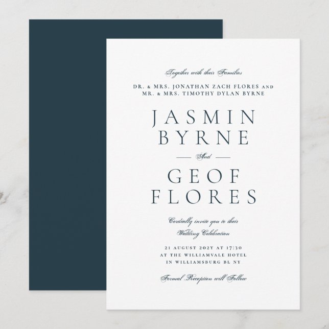 Formal Elegant Navy Blue & White Wedding Invitation (Front/Back)