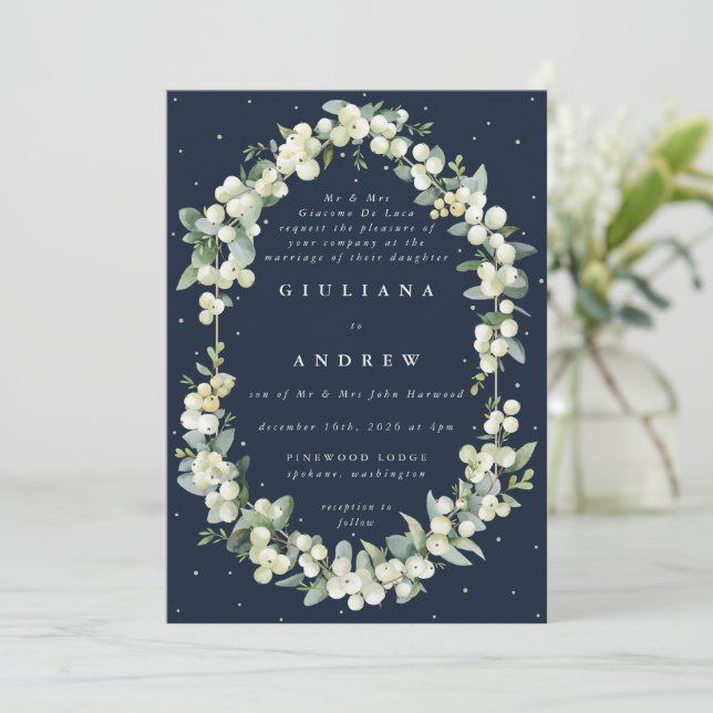 Formal Elegant Navy Snowberry+Eucalyptus Wedding Invitation (Standing Front)