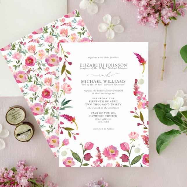 Formal Elegant Pink Watercolor Flowers Wedding Invitation (Creator Uploaded)