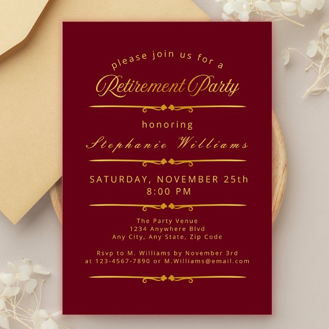 Formal Elegant Retirement Burgundy Gold Party  Invitation (Creator Uploaded)