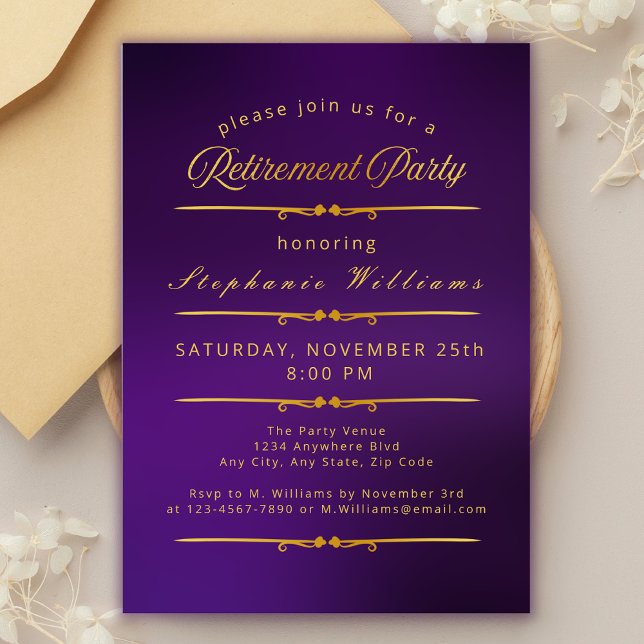 Formal Elegant Retirement Purple Gold Party  Invitation (Creator Uploaded)