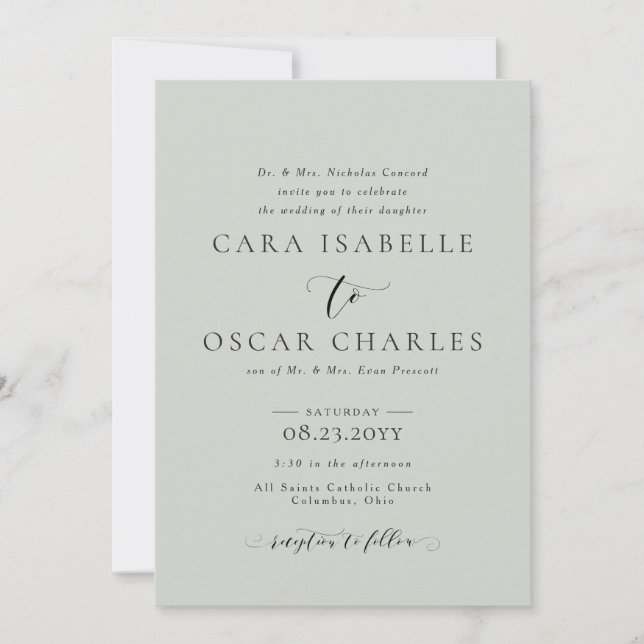 Formal elegant sage green wedding invitation (Front)