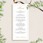 Formal Elegant Script Black and Gold Wedding Menu<br><div class="desc">Introducing our Formal Elegant Script Black and Gold Wedding Menu, a sophisticated addition to your wedding reception. This menu features a crisp white background with refined black text and luxurious gold script accents, creating a timeless and elegant presentation of your dining selections. Perfect for formal weddings, it adds a touch...</div>