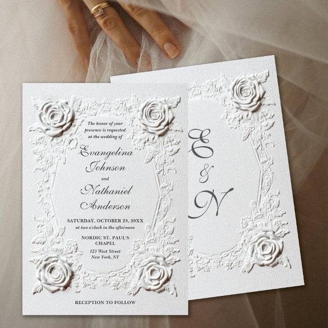 Formal Elegant Script Faux Embossed Roses Wedding  Invitation (Creator Uploaded)