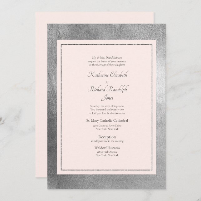 Formal & Elegant Wedding Pink & Silver Invitation (Front/Back)