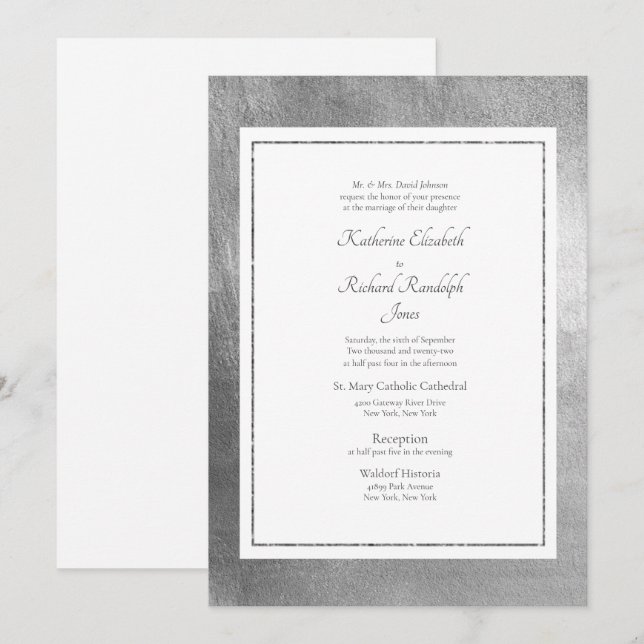 Formal & Elegant Wedding White & Silver Invitation (Front/Back)