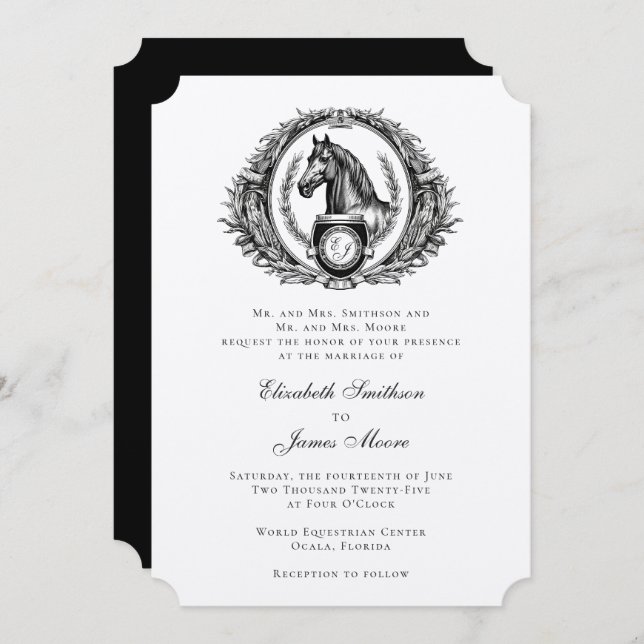 Formal Equestrian Horse Monogram Crest Wedding Invitation (Front/Back)