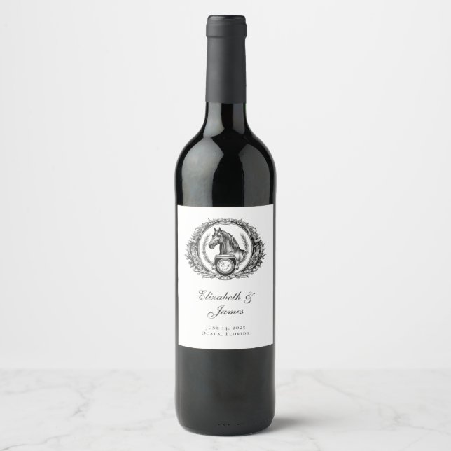 Formal Equestrian Horse Monogram Crest Wedding Wine Label (Front)