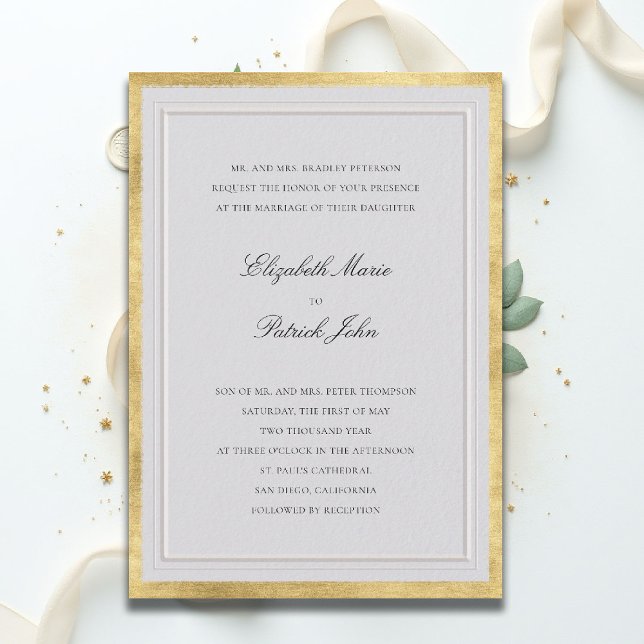 Formal Faux Gold Ivory Modern Classic Wedding Invitation (formal traditional wedding invitation modern classic double frame ballroom gold ivory black white)