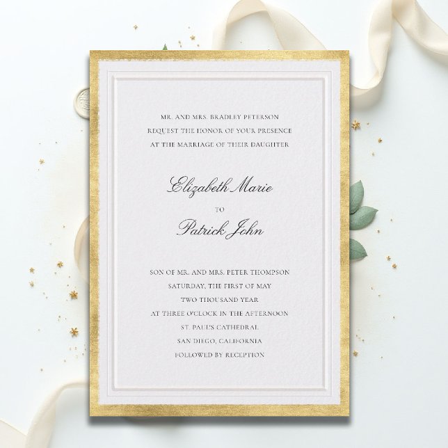 Formal Faux Gold Pearl Modern Classic Wedding Invitation (formal traditional wedding invitation modern classic double frame ballroom black gold pearl white)