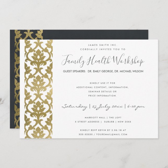 FORMAL FAUX GOLD WHITE DAMASK WORKSHOP EVENT INVITATION (Front/Back)