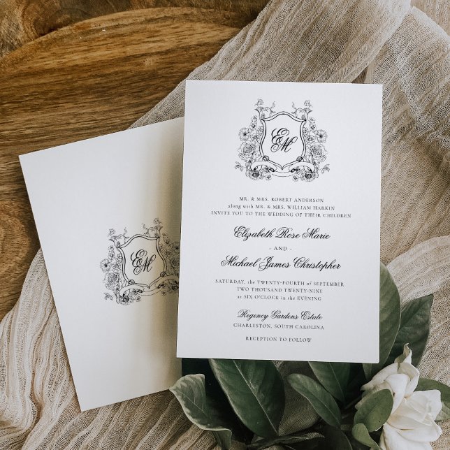 Formal Floral Crest Monogram Elegant Wedding Invitation (Creator Uploaded)